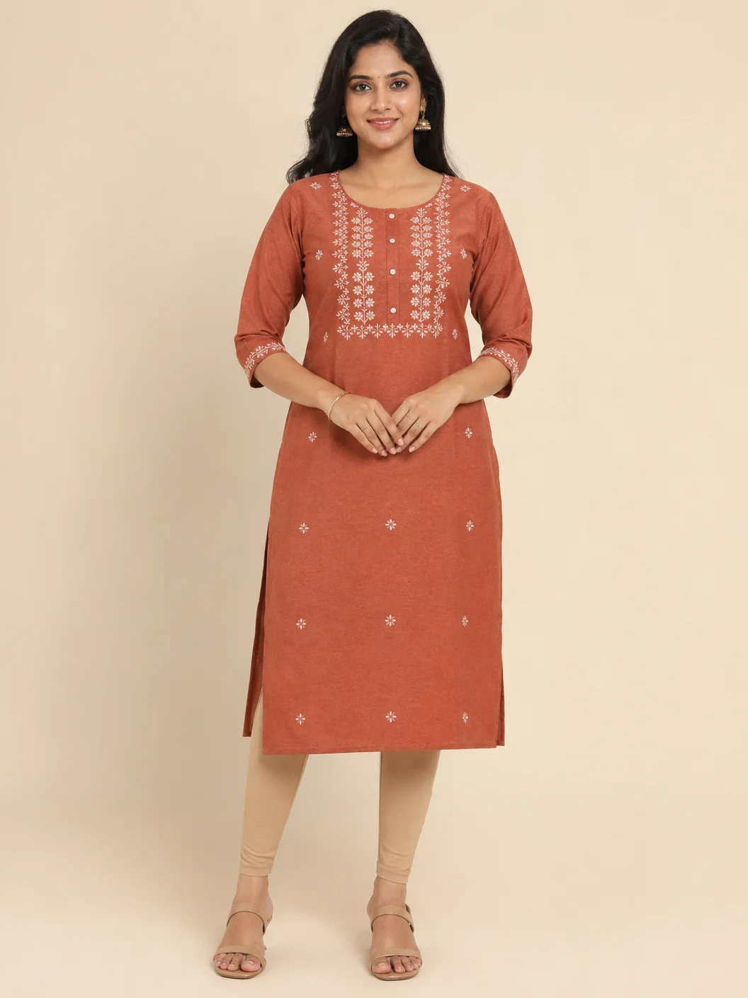 Rust Embroidered Straight Kurti